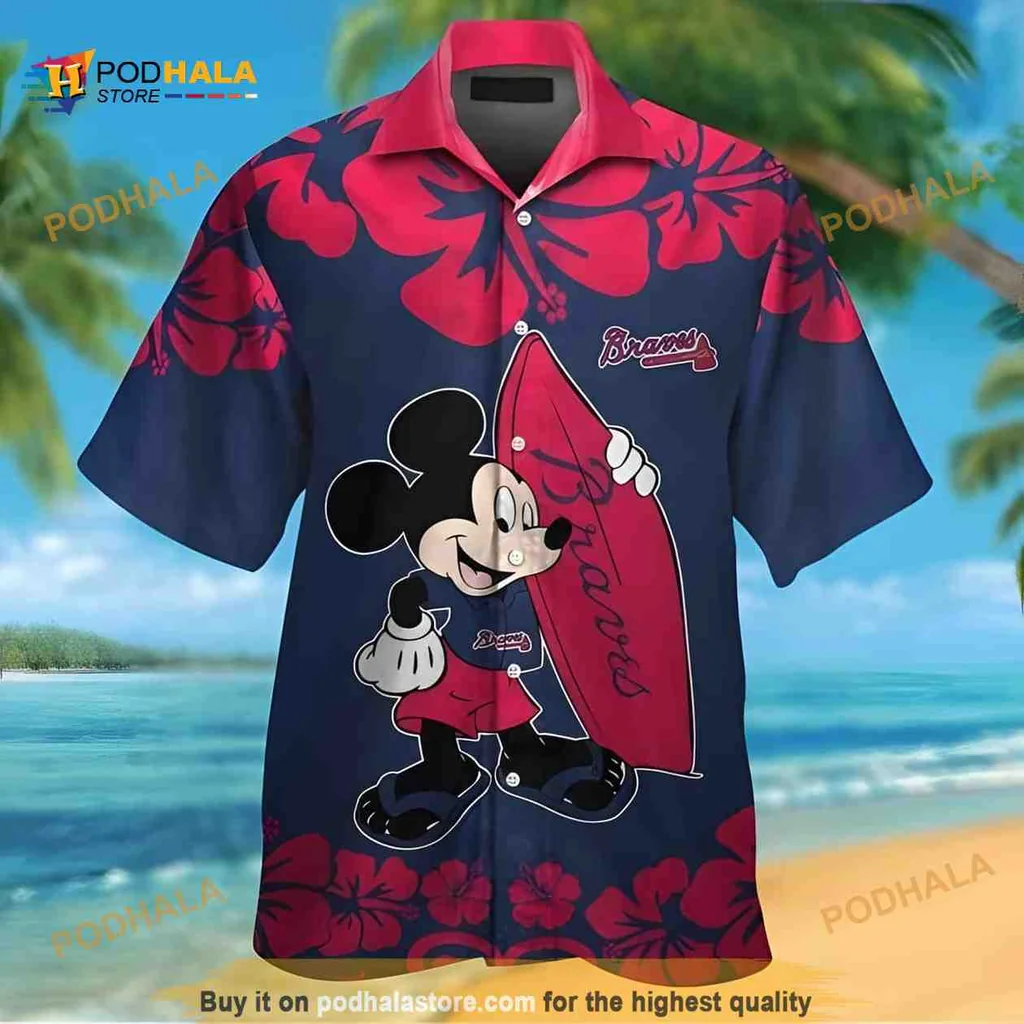 Mickey Mouse Atlanta Braves Hawaiian Shirt With Red Hibiscus Flowers