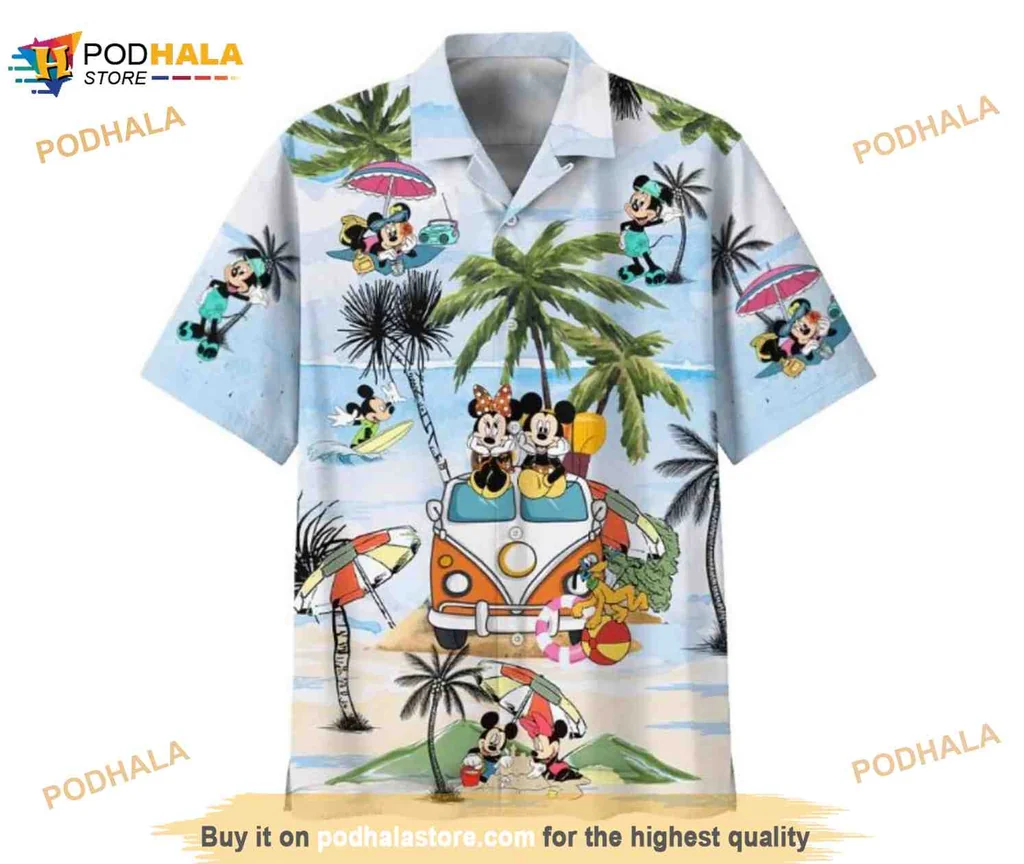 Mickey Mouse Beach Hawaiian Shirt, Colorful Vintage Van And Palm Trees
