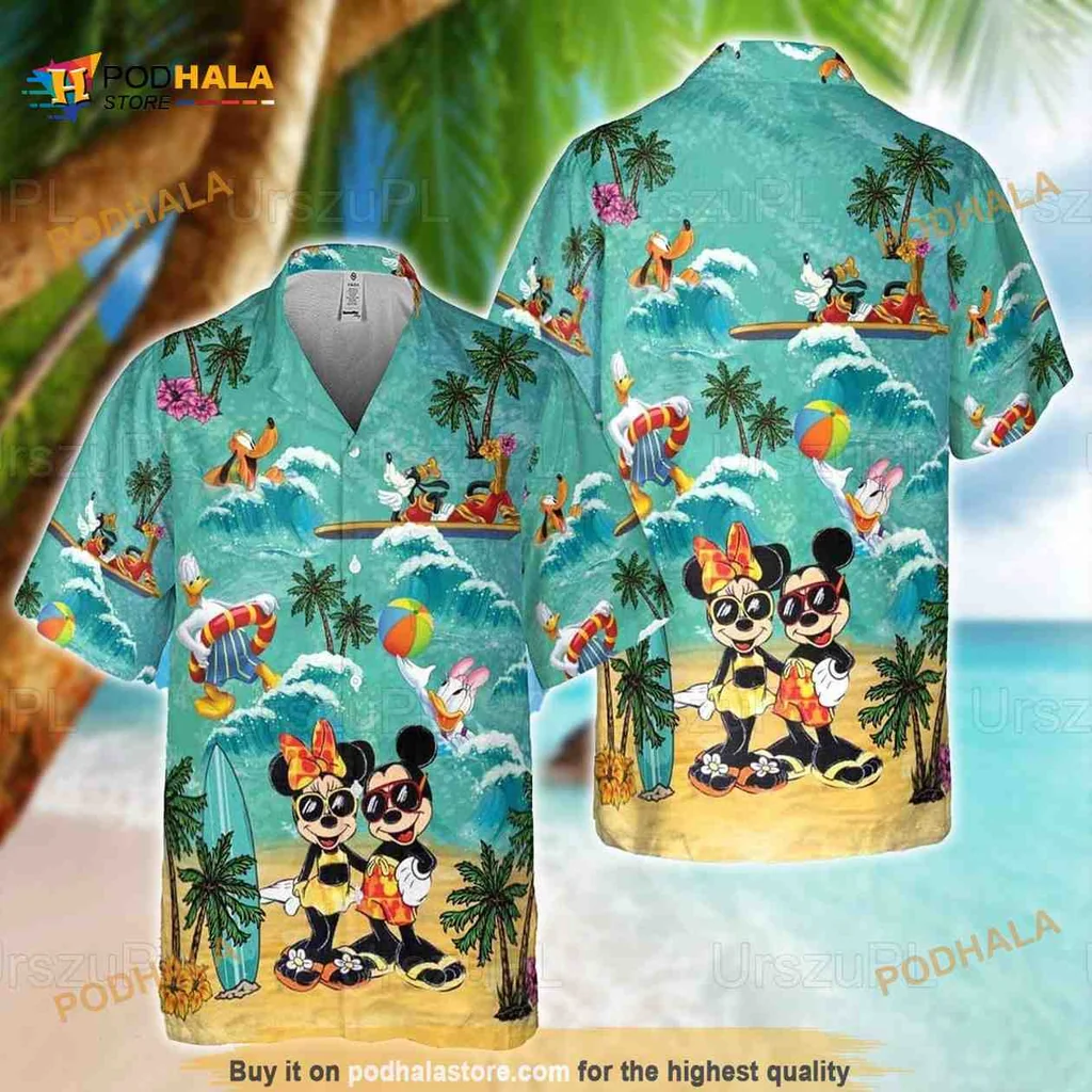 Mickey Mouse Beach Hawaiian Shirt With Tropical Print And Friends