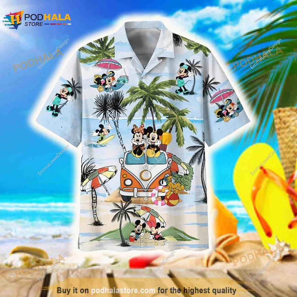 Mickey Mouse Beach Hawaiian Shirt With Vintage Car And Tropical Scene