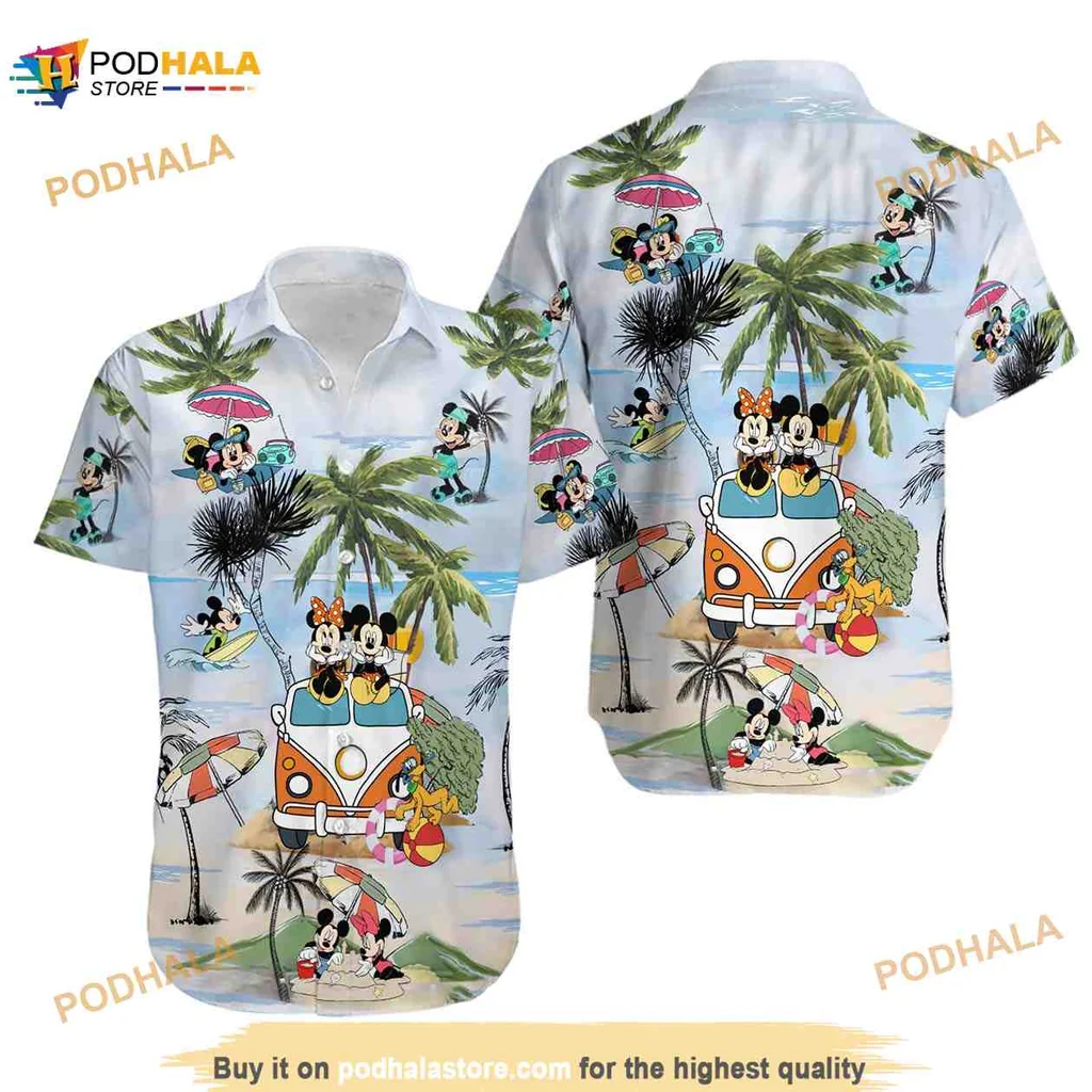 Mickey Mouse Beach Hawaiian Shirt With Volkswagen Van And Tropical Design