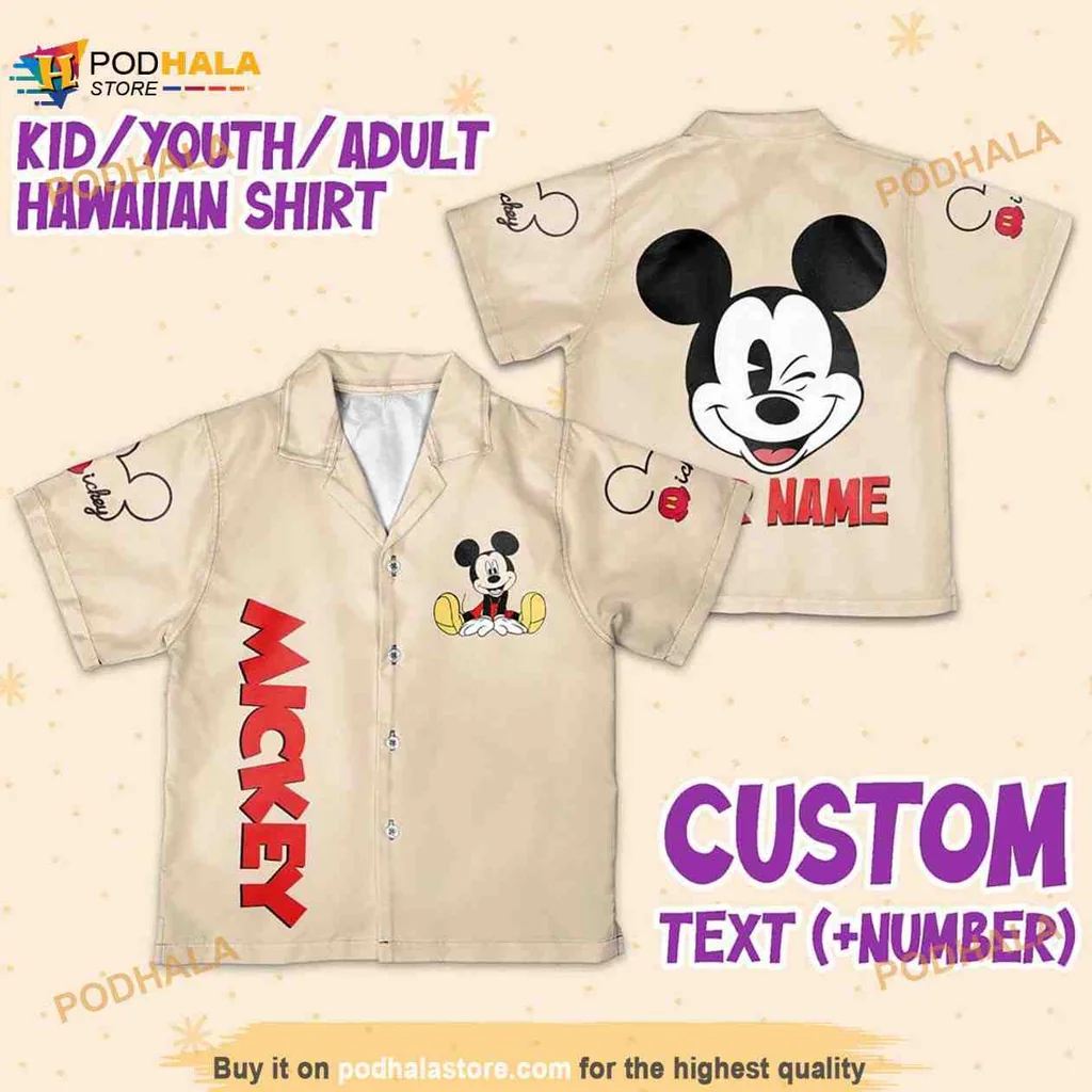 Mickey Mouse Beige Hawaiian Shirt With Customizable Design