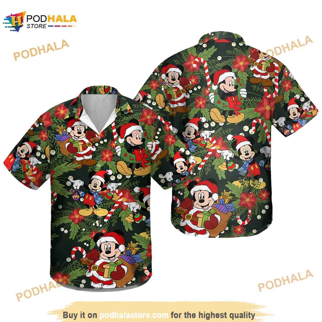 Mickey Mouse Christmas Hawaiian Shirt Featuring Santa And Festive Decorations