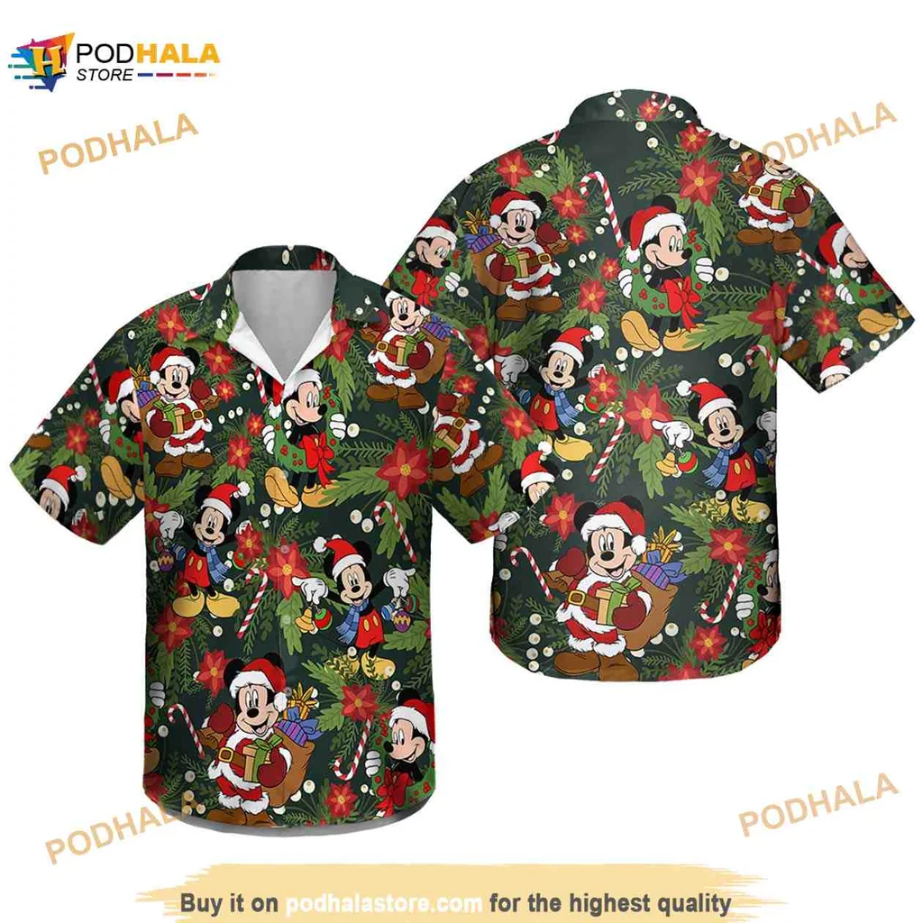 Mickey Mouse Christmas Hawaiian Shirt With Festive Santa Hat Design