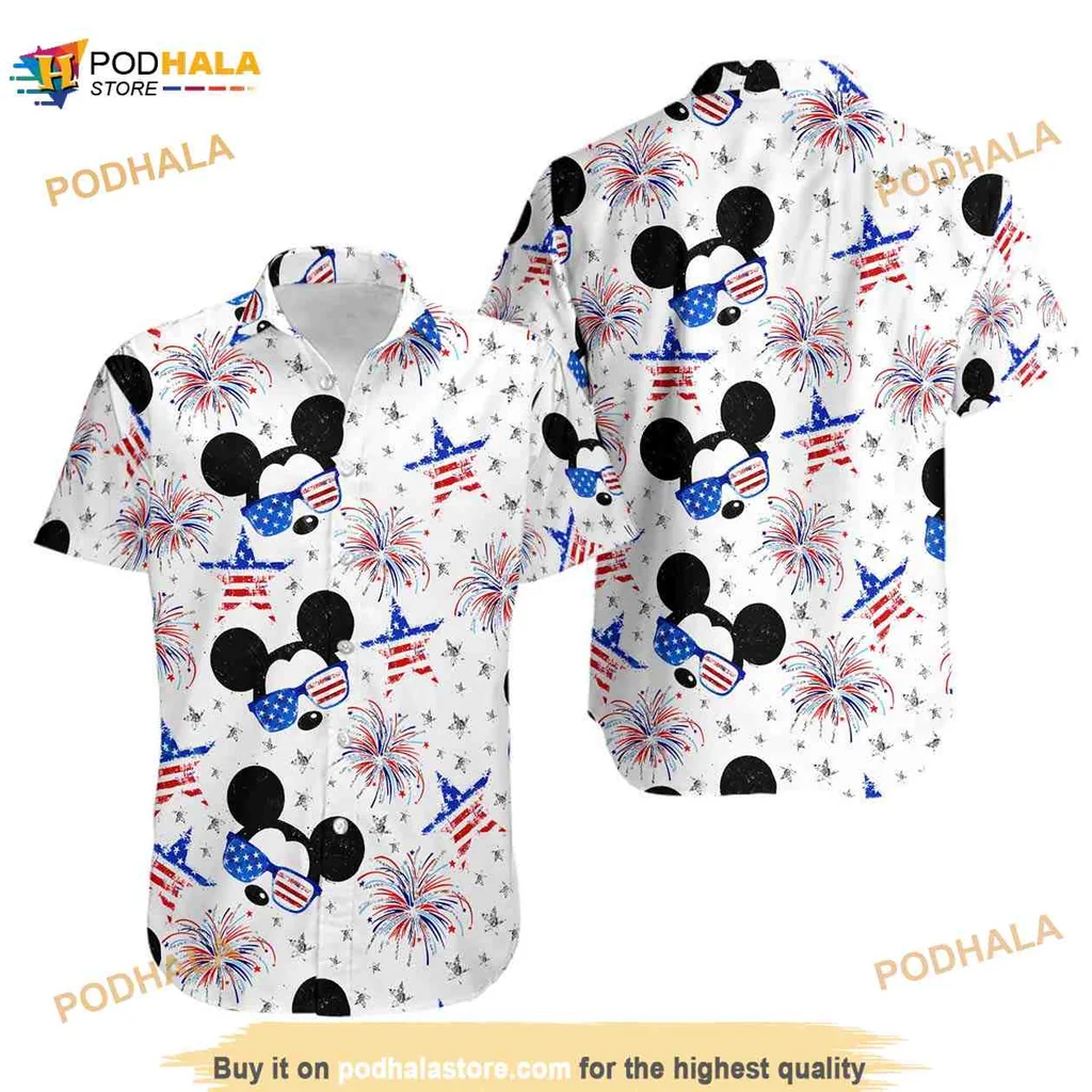 Mickey Mouse Fireworks Hawaiian Shirt With Colorful Stars Design