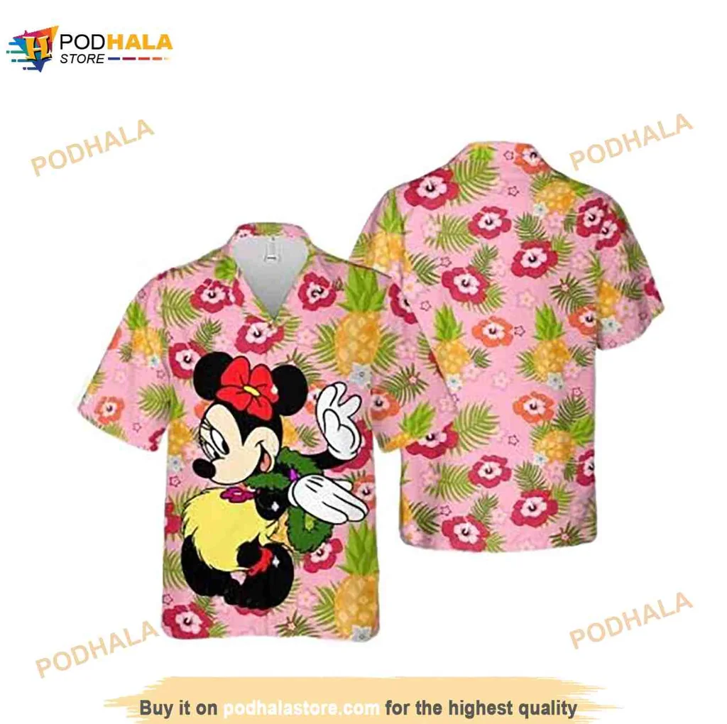 Mickey Mouse Floral Hawaiian Shirt With Pink Background And Tropical Design
