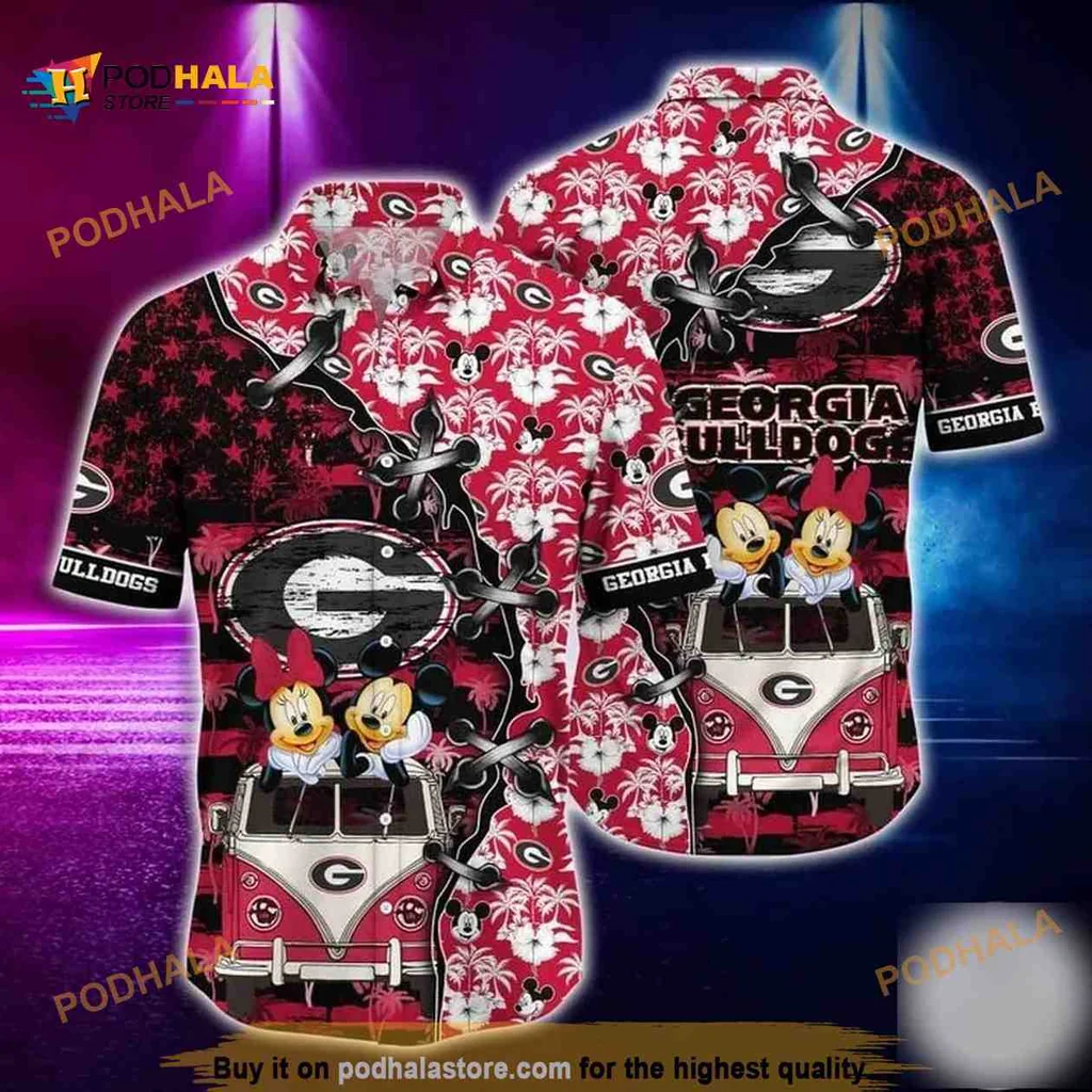 Mickey Mouse Georgia Bulldogs Hawaiian Shirt With Classic Car Design