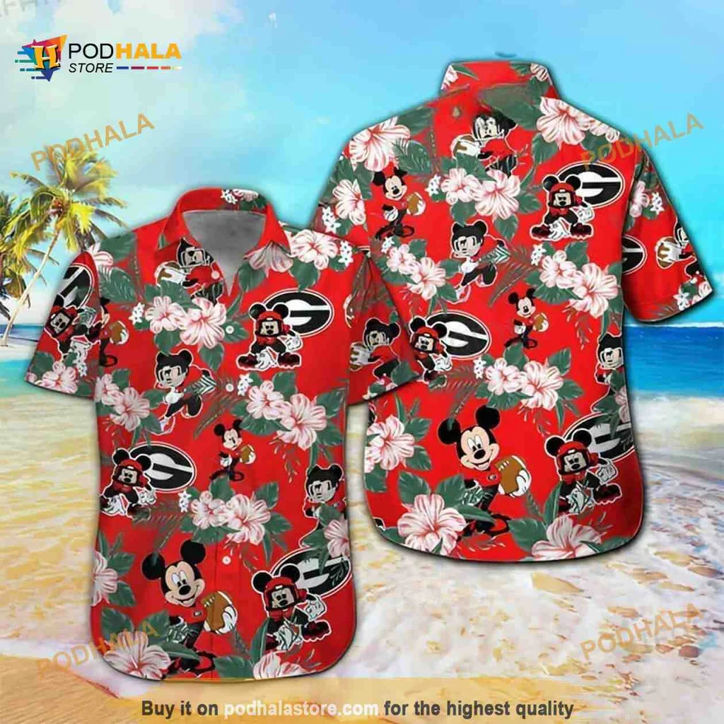 Mickey Mouse Georgia Bulldogs Hawaiian Shirt With Tropical Floral Design
