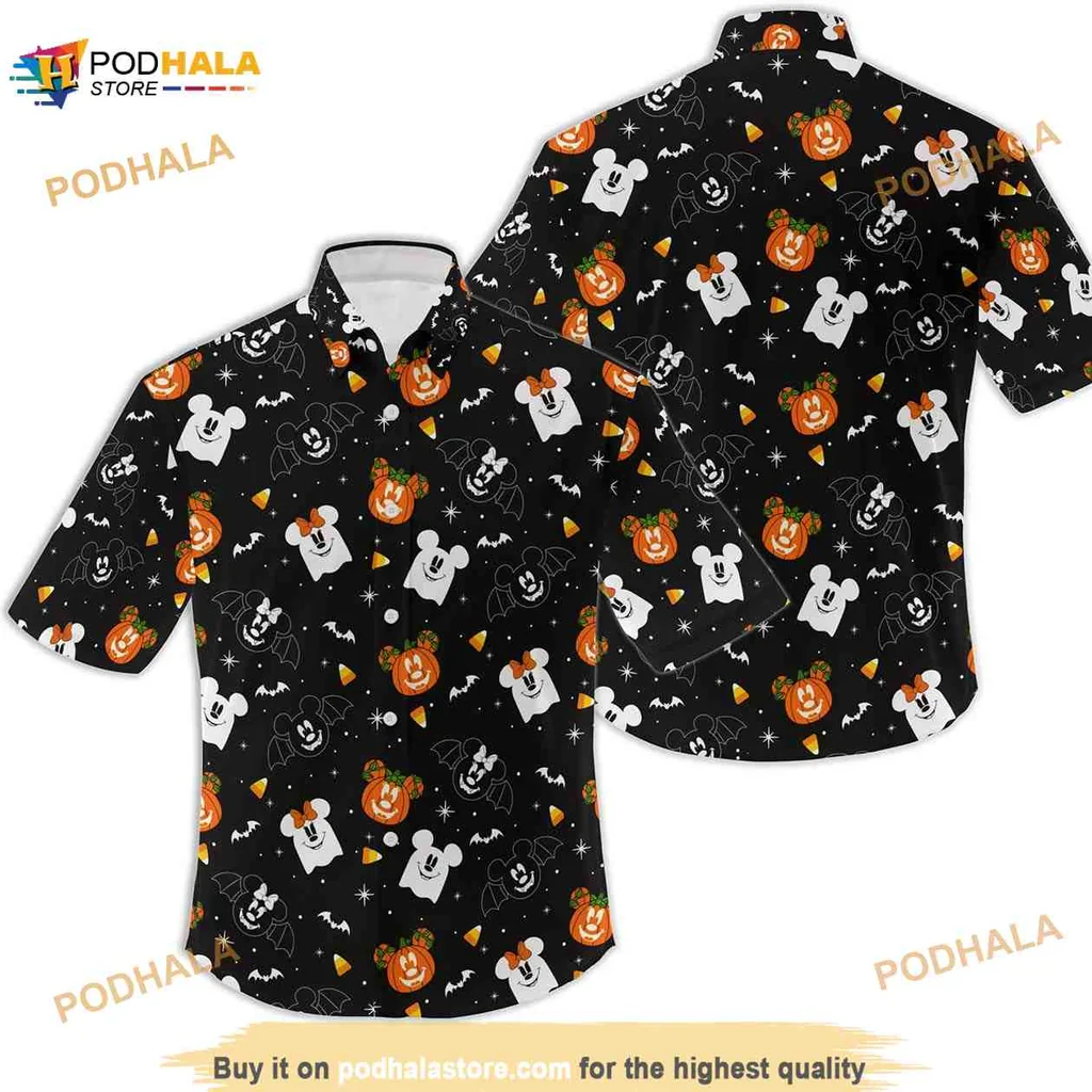 Mickey Mouse Halloween Aloha Shirt With Pumpkin And Candy Corn Design Mickey Mouse Halloween Aloha Shirt With Pumpkin And Candy Corn Design