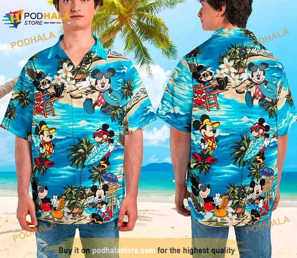 Mickey Mouse Hawaiian Shirt Featuring Tropical Surfing Design