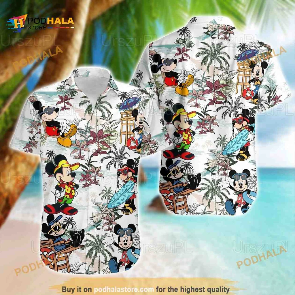 Mickey Mouse Hawaiian Shirt With Tropical Beach Design