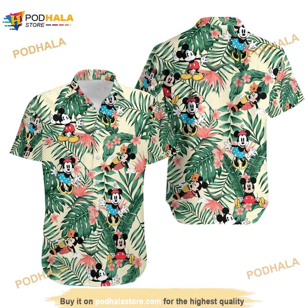 Mickey Mouse Hawaiian Shirt With Tropical Print And Hibiscus Flowers