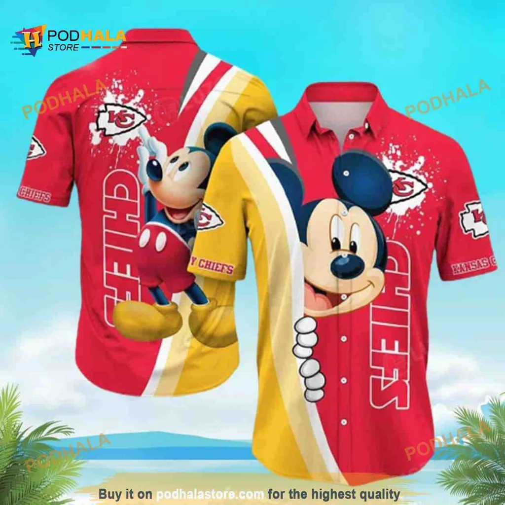 Mickey Mouse Kansas City Chiefs Hawaiian Shirt, Vibrant Red And Yellow Design