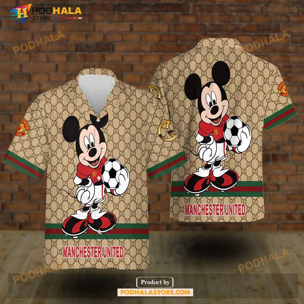 Mickey Mouse Manchester United Hawaiian Shirt With Gucci Pattern
