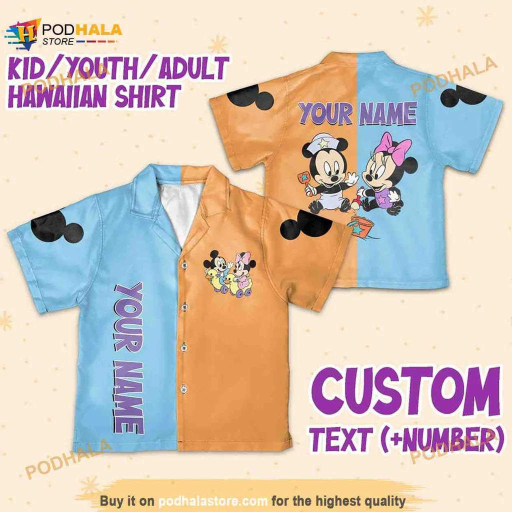 Mickey Mouse Minnie Mouse Hawaiian Shirt With Personalized Name Design