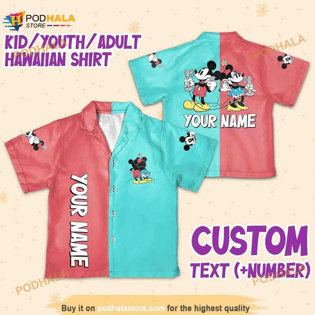 Mickey Mouse Minnie Mouse Hawaiian Shirt With Personalized Name Option
