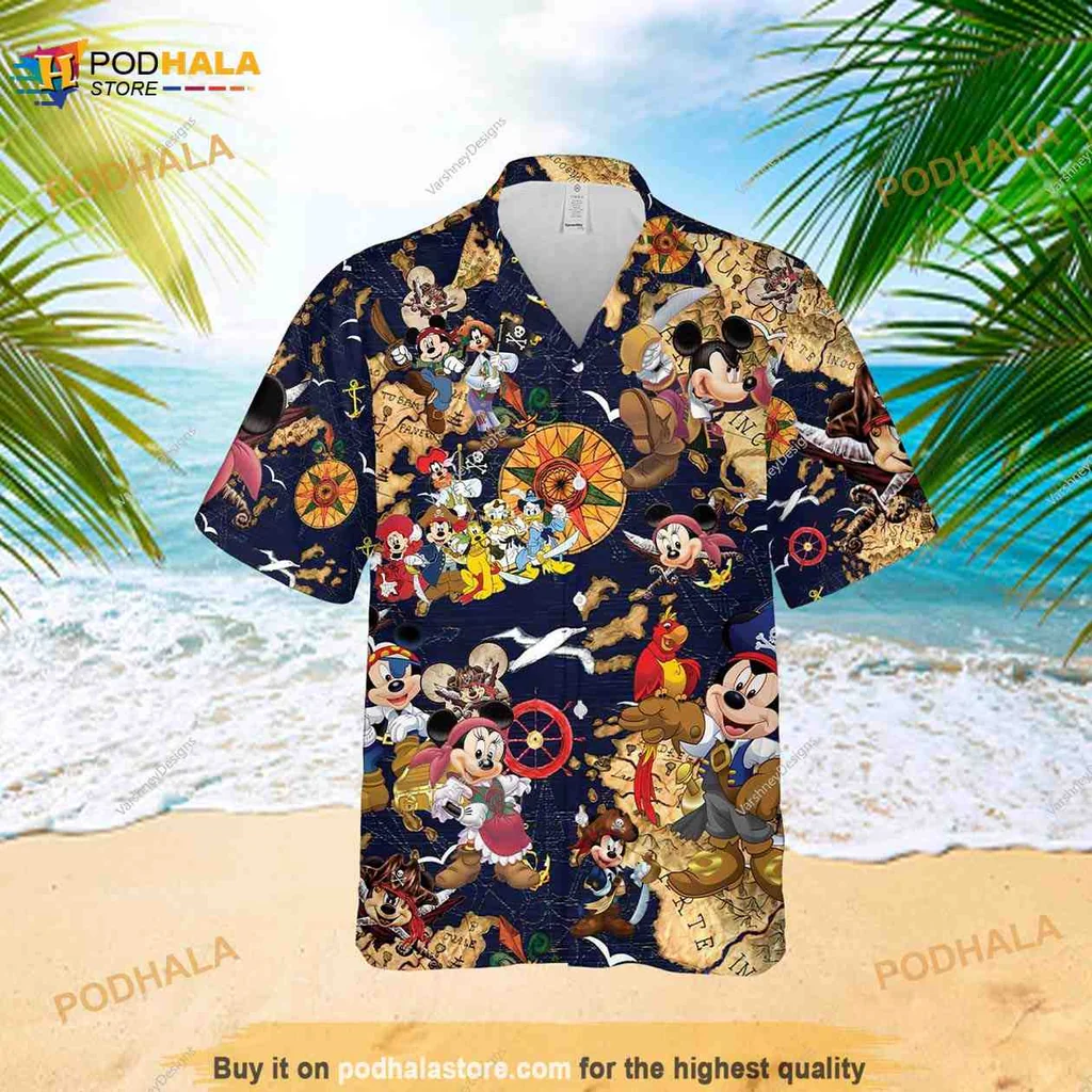 Mickey Mouse Pirate Hawaiian Shirt Featuring Disney Characters And Treasure Maps