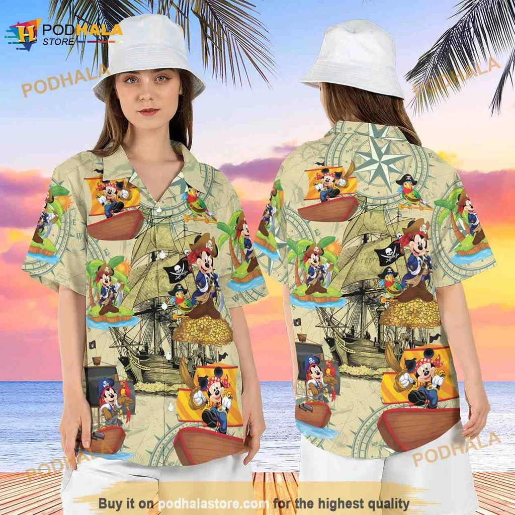 Mickey Mouse Pirate Hawaiian Shirt Featuring Treasure Map Design