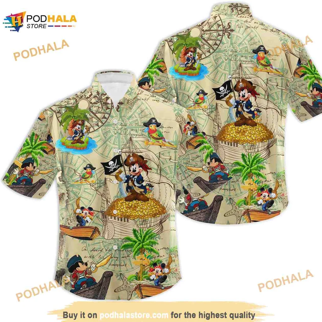 Mickey Mouse Pirate Hawaiian Shirt With Treasure Chest And Palm Trees