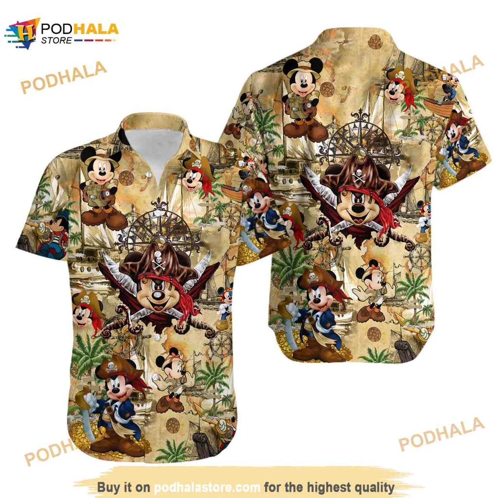 Mickey Mouse Pirate Hawaiian Shirt With Treasure Maps And Nautical Elements