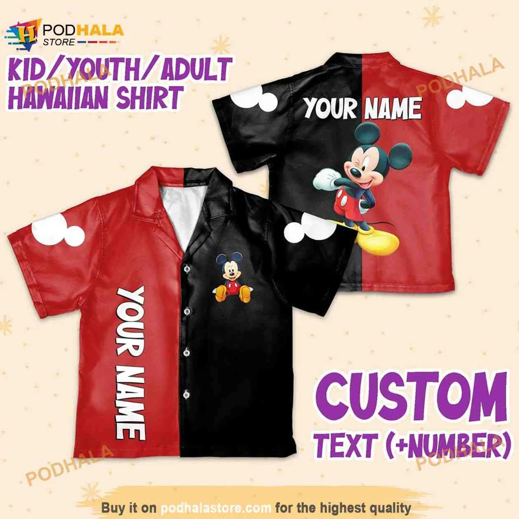 Mickey Mouse Red Black Hawaiian Shirt With Customizable Name
