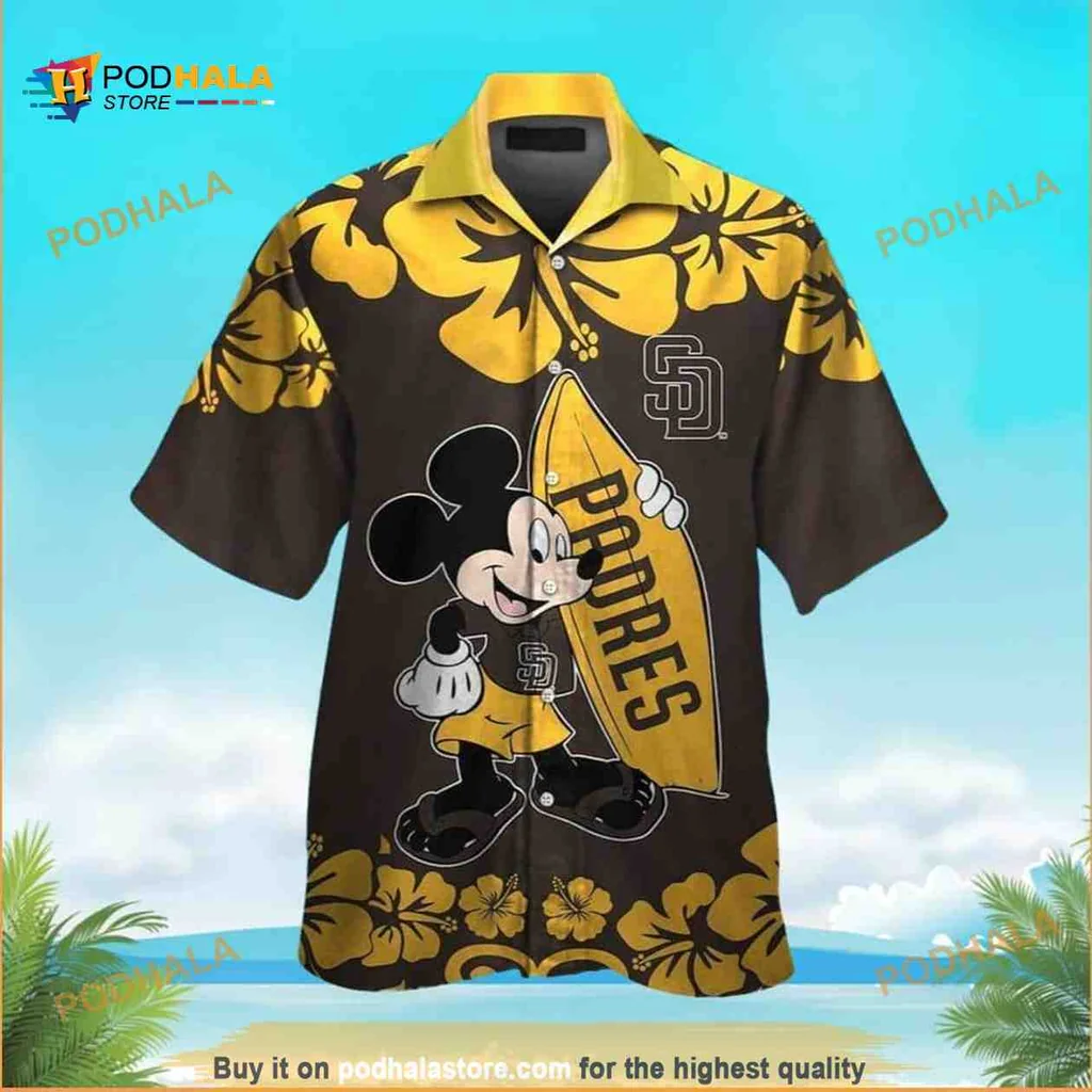 Mickey Mouse San Diego Padres Hawaiian Shirt With Tropical Hibiscus Design