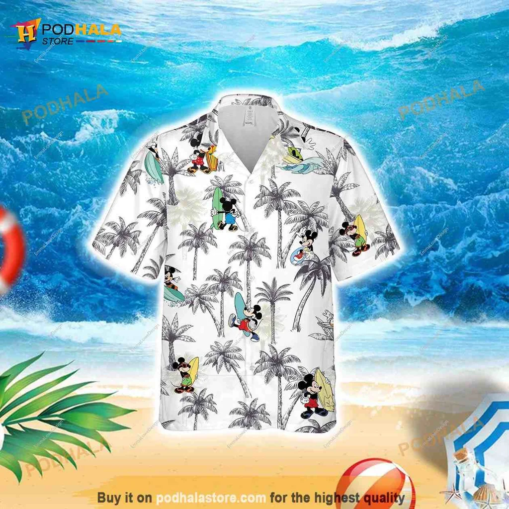 Mickey Mouse Summer Hawaiian Shirt With Surfing And Palm Trees