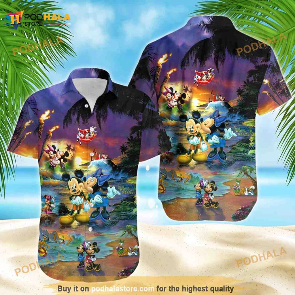 Mickey Mouse Sunset Beach Hawaiian Shirt With Tropical Scene