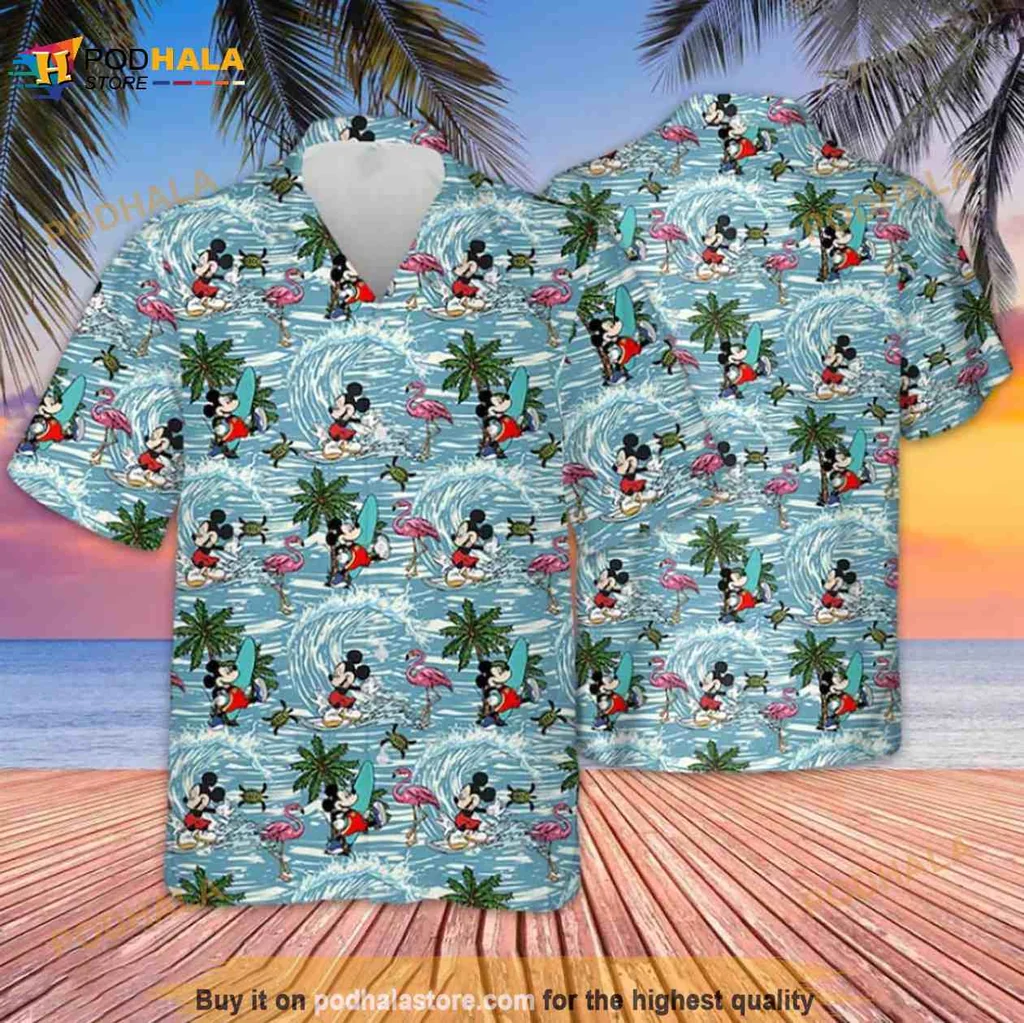 Mickey Mouse Surfing Flamingo Hawaiian Shirt For Tropical Fun