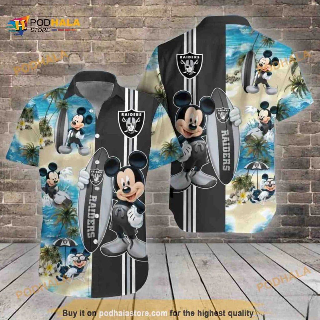 Mickey Mouse Surfing Hawaiian Shirt With Las Vegas Raiders Logo
