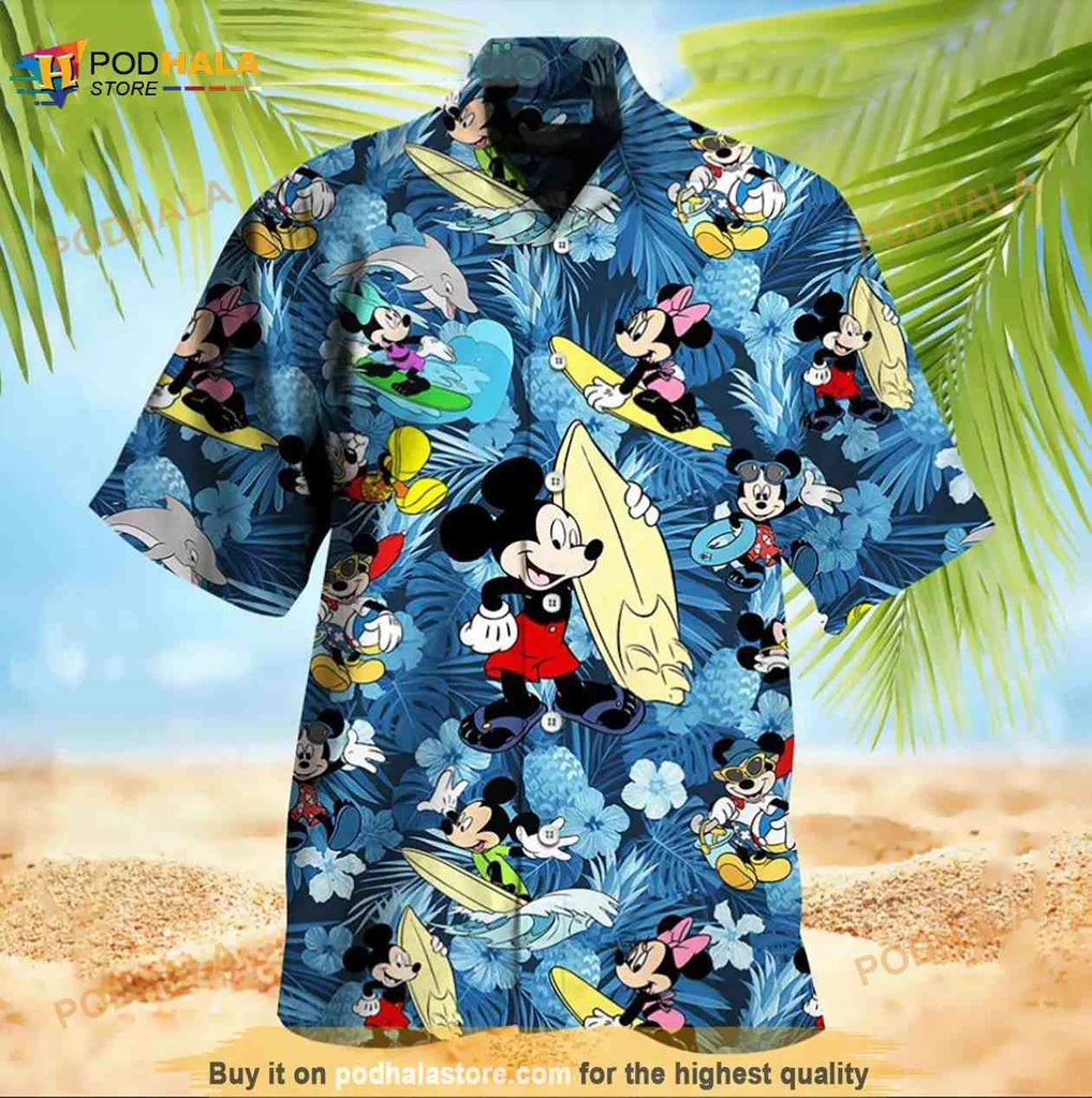 Mickey Mouse Surfing Hawaiian Shirt With Tropical Beach Design