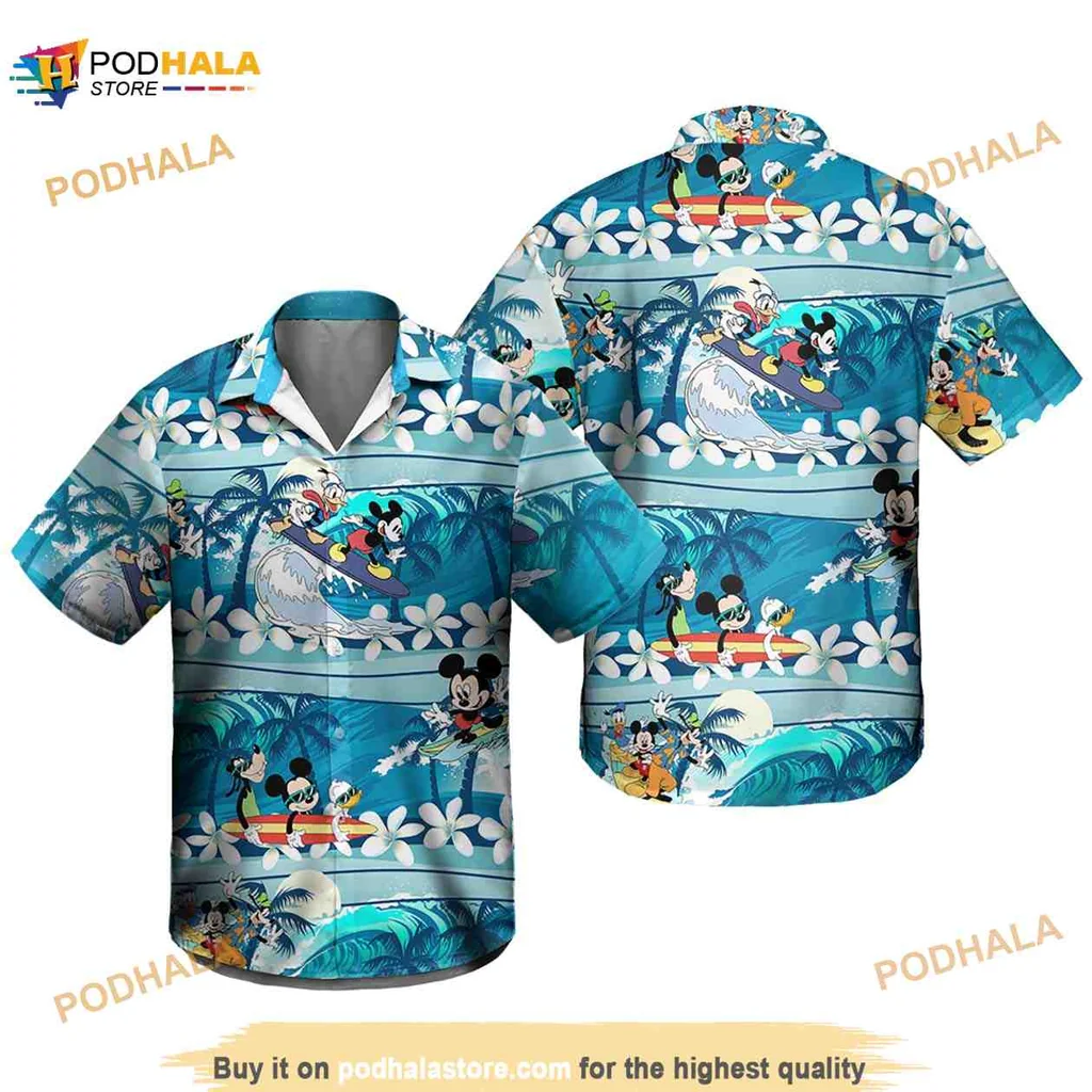 Mickey Mouse Surfing Hawaiian Shirt With Tropical Design And Cartoon Friends