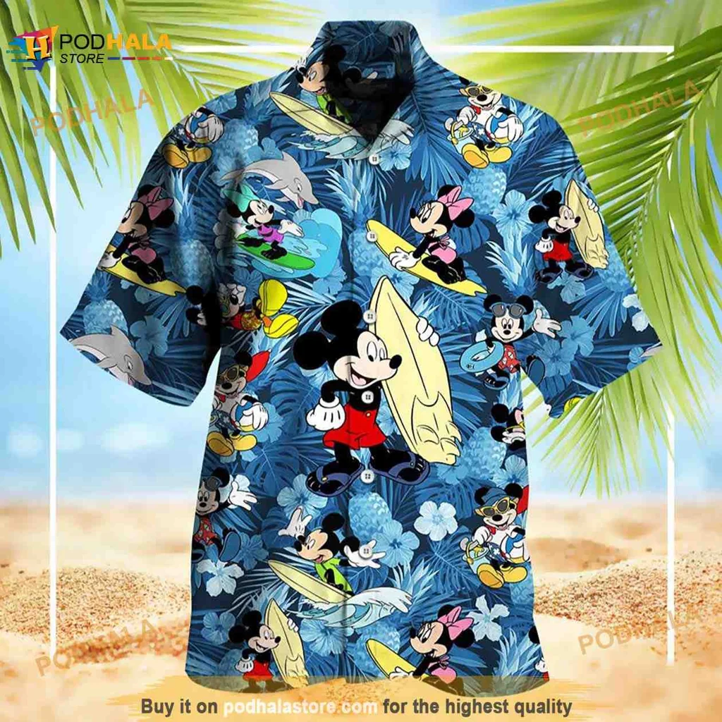 Mickey Mouse Tropical Aloha Shirt Featuring Surfing Characters And Flowers