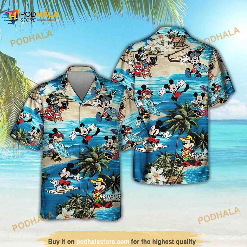 Mickey Mouse Tropical Aloha Shirt, Fun Surfing And Beach Scene Design