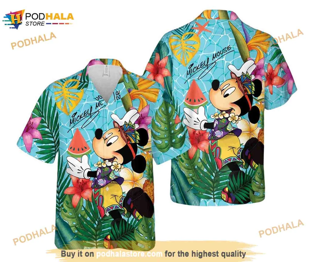 Mickey Mouse Tropical Aloha Shirt With Colorful Hawaiian Print