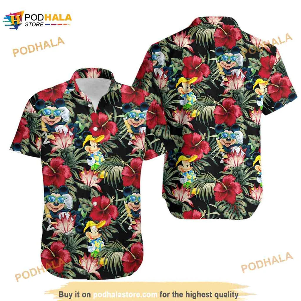 Mickey Mouse Tropical Aloha Shirt With Colorful Hibiscus And Palm Leaves