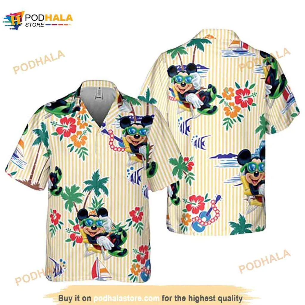 Mickey Mouse Tropical Aloha Shirt With Hibiscus Flowers And Palm Trees