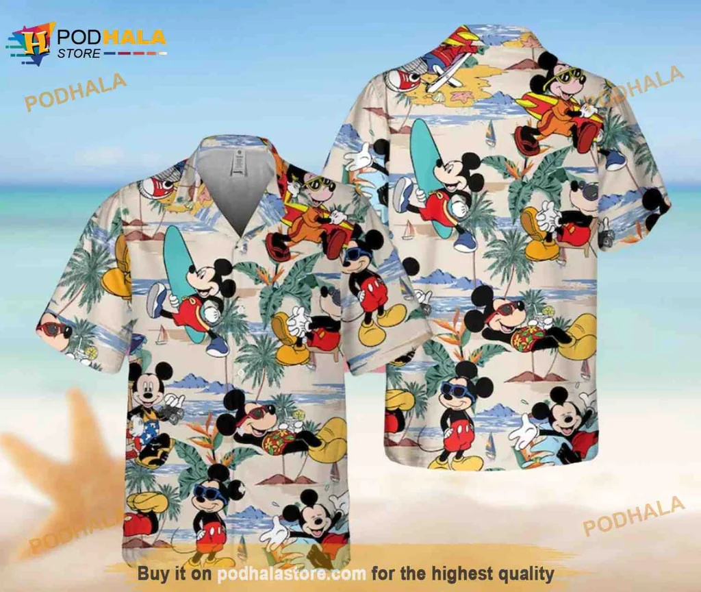 Mickey Mouse Tropical Aloha Shirt With Surfing And Beach Activities