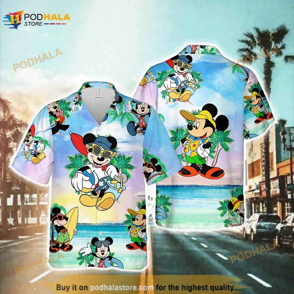 Mickey Mouse Tropical Hawaiian Shirt, Colorful Beach Scene With Minnie