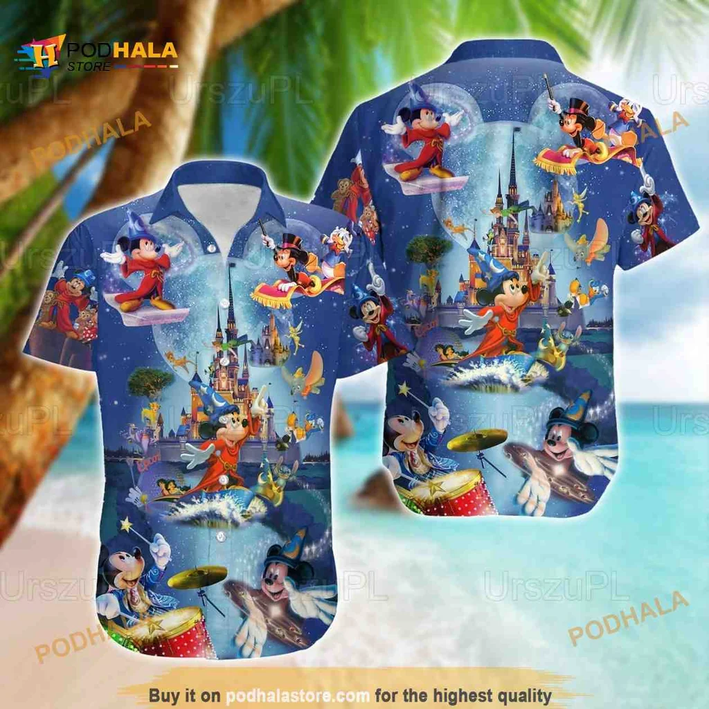 Mickey Mouse Tropical Hawaiian Shirt, Colorful Disney Castle Design