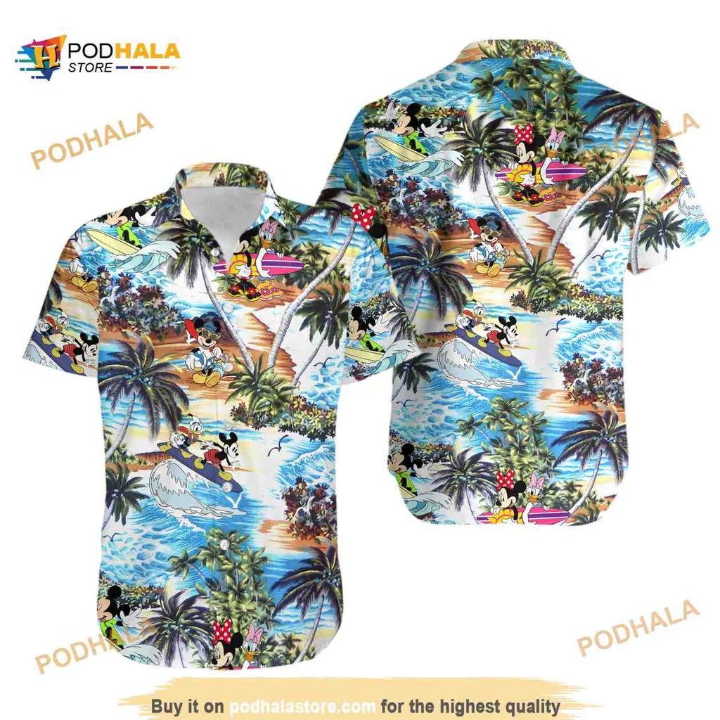 Mickey Mouse Tropical Hawaiian Shirt Featuring Surfing And Beach Scene