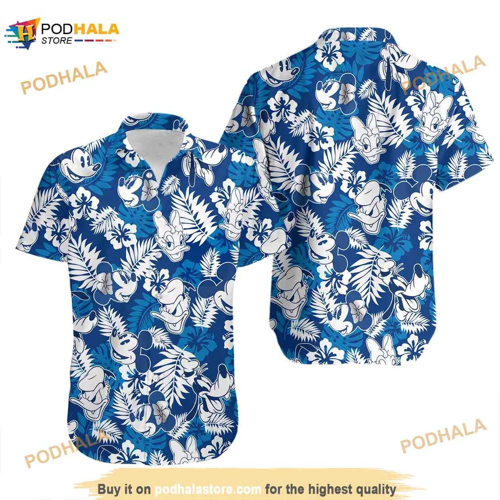 Mickey Mouse Tropical Hawaiian Shirt With Blue Background And White Leaves