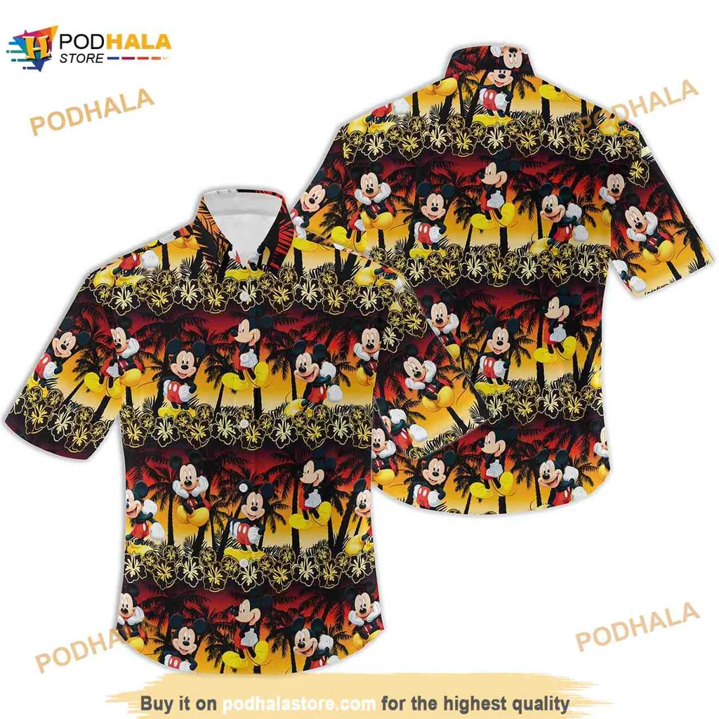 Mickey Mouse Tropical Hawaiian Shirt With Colorful Hibiscus And Palm Leaves