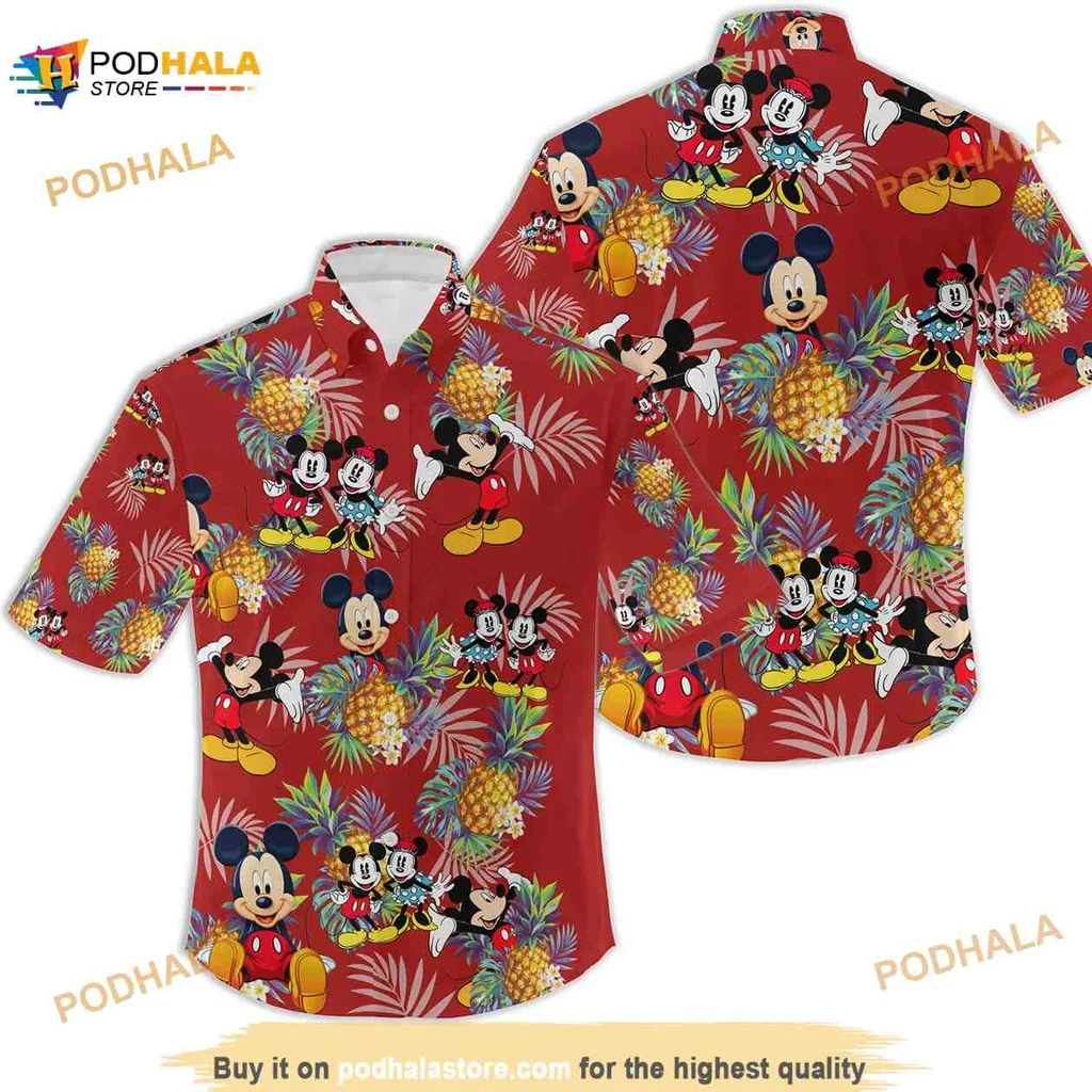 Mickey Mouse Tropical Hawaiian Shirt With Colorful Pineapples And Foliage