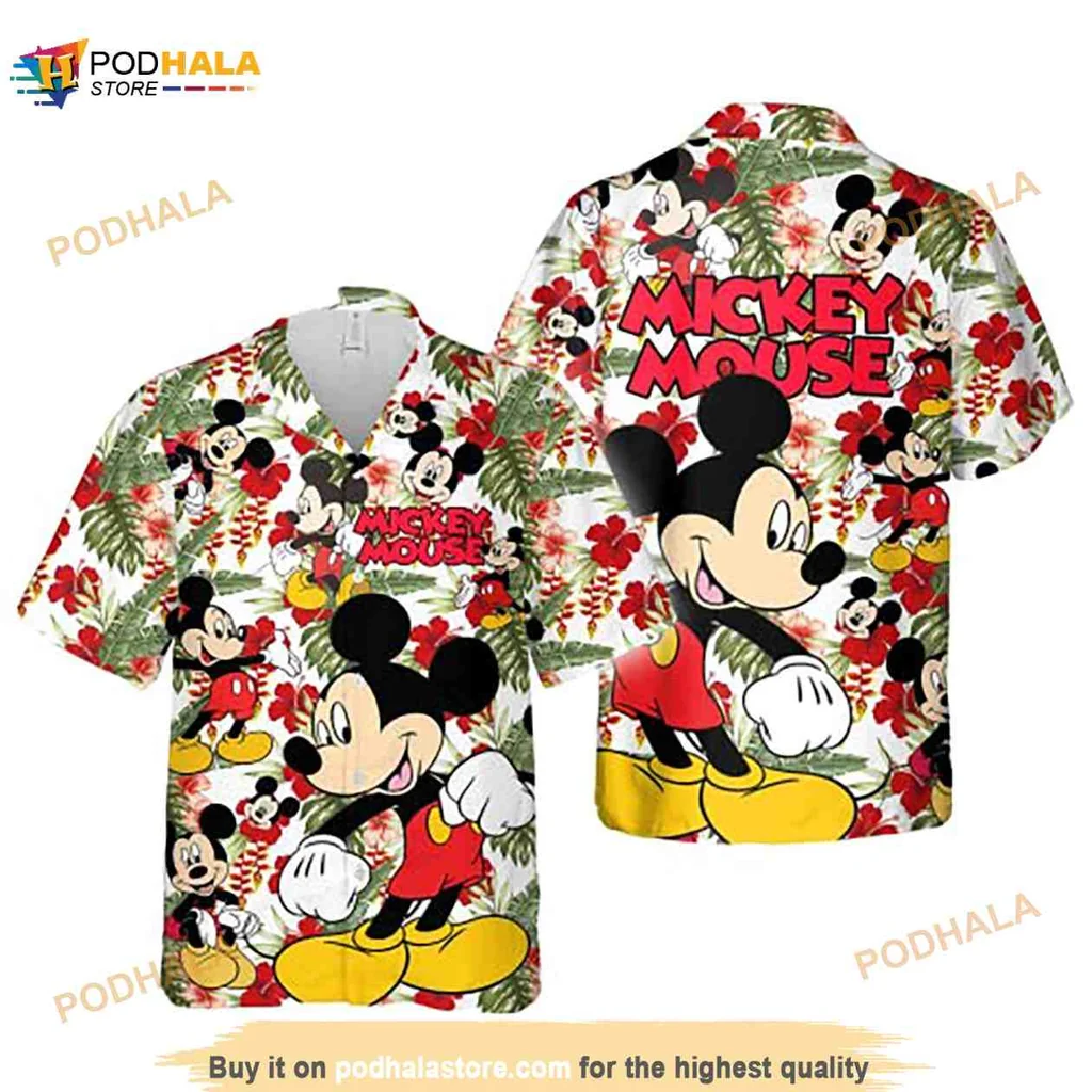 Mickey Mouse Tropical Hawaiian Shirt With Hibiscus Flowers And Leaves