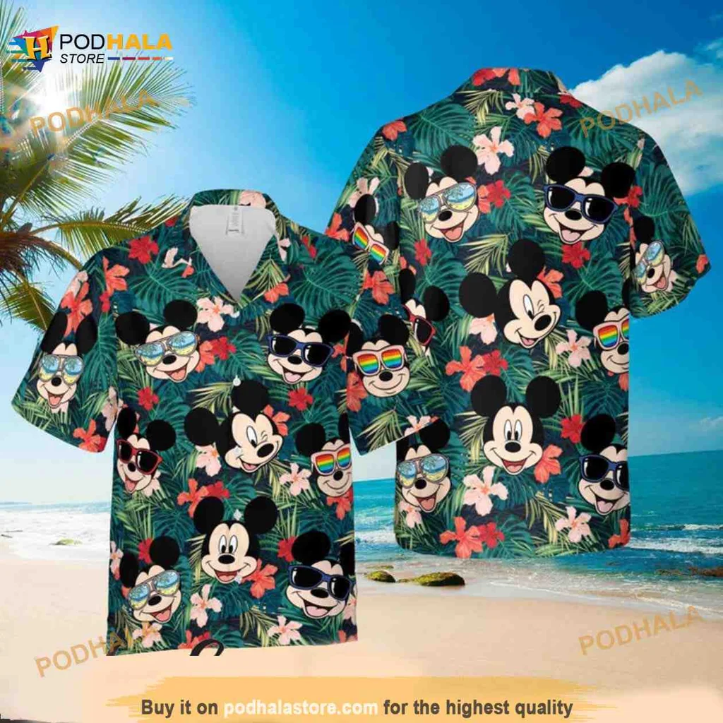 Mickey Mouse Tropical Hawaiian Shirt With Lush Green Leaves And Flowers
