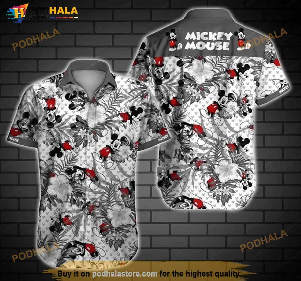 Mickey Mouse Tropical Hawaiian Shirt With Lush Green Leaves And Red Flowers