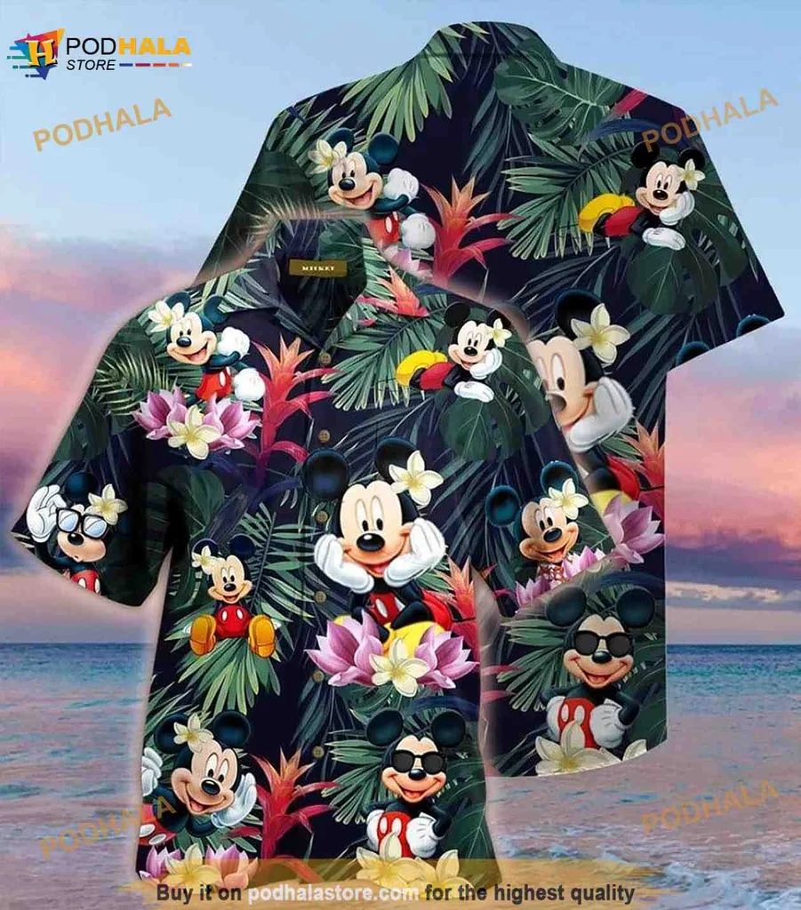 Mickey Mouse Tropical Hawaiian Shirt With Palm Leaves And Flowers