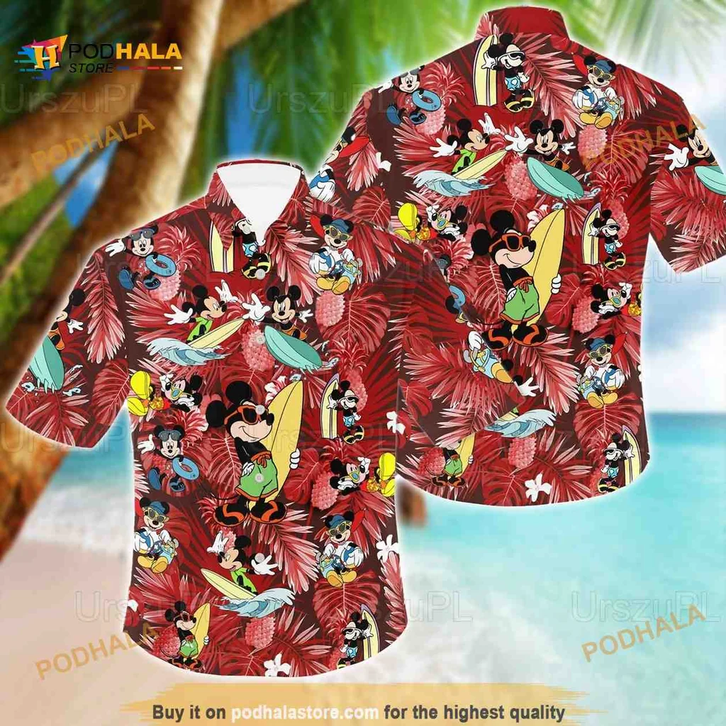 Mickey Mouse Tropical Hawaiian Shirt With Surfboard And Hibiscus Flowers