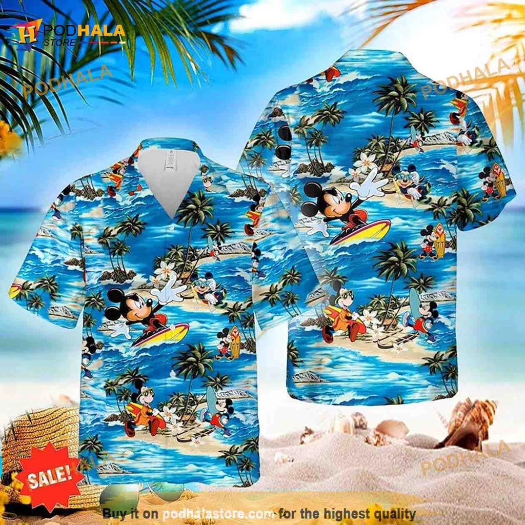 Mickey Mouse Tropical Hawaiian Shirt With Surfing And Beach Fun